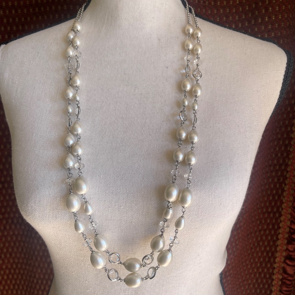 Talbots Silver Tone 2 Strand with Faux Pearls Necklace